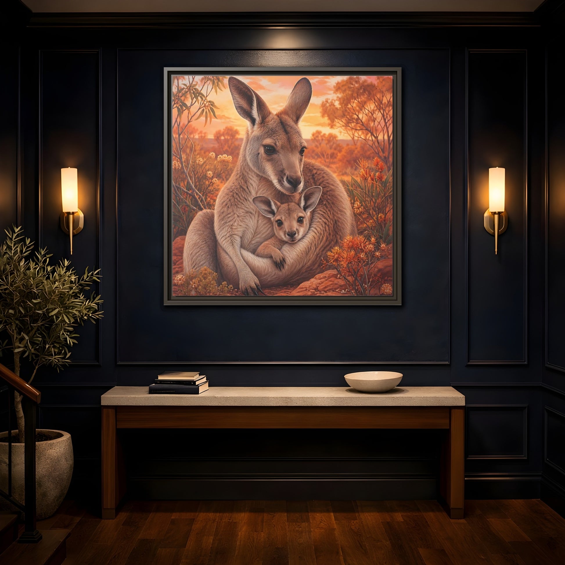 Mockup 4. Animals Kangaroos Orange Brown Kangaroo shown as framed canvas print