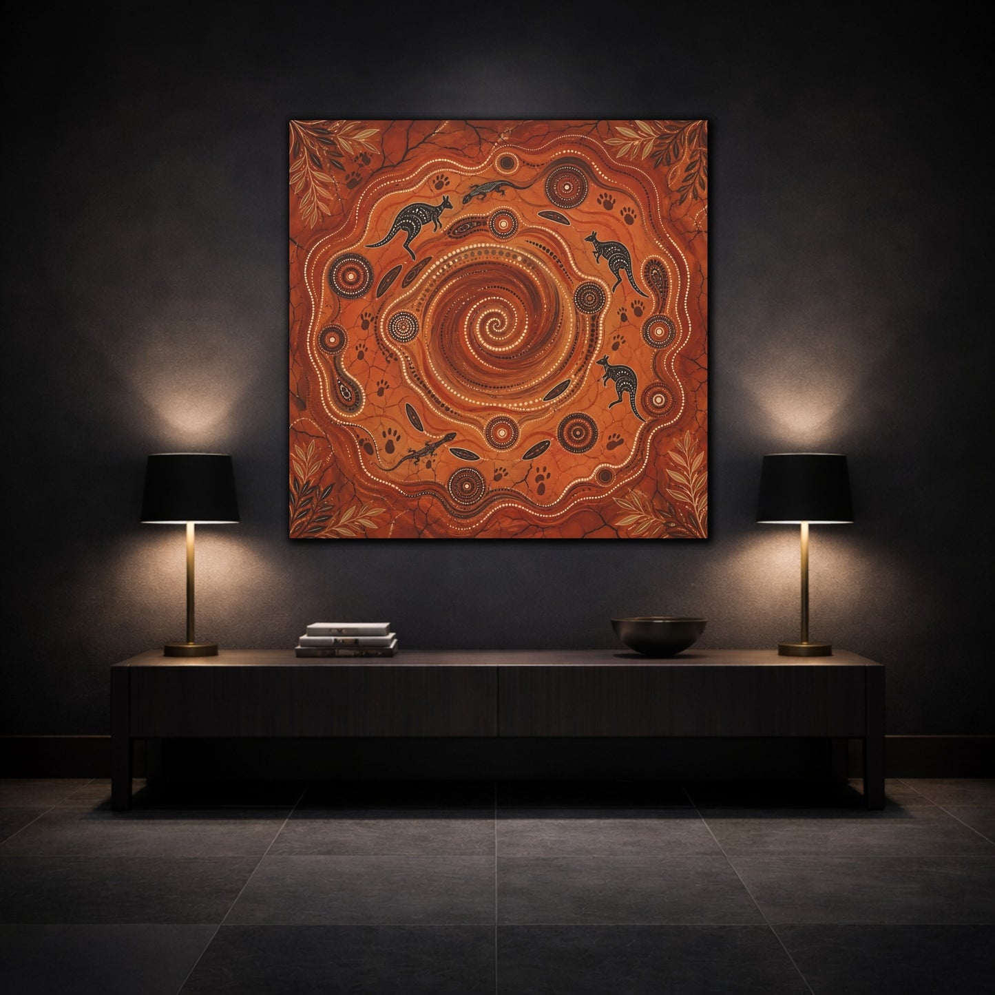 Mockup 3. Animals Kangaroos, Lizards Orange And Brown shown as canvas print