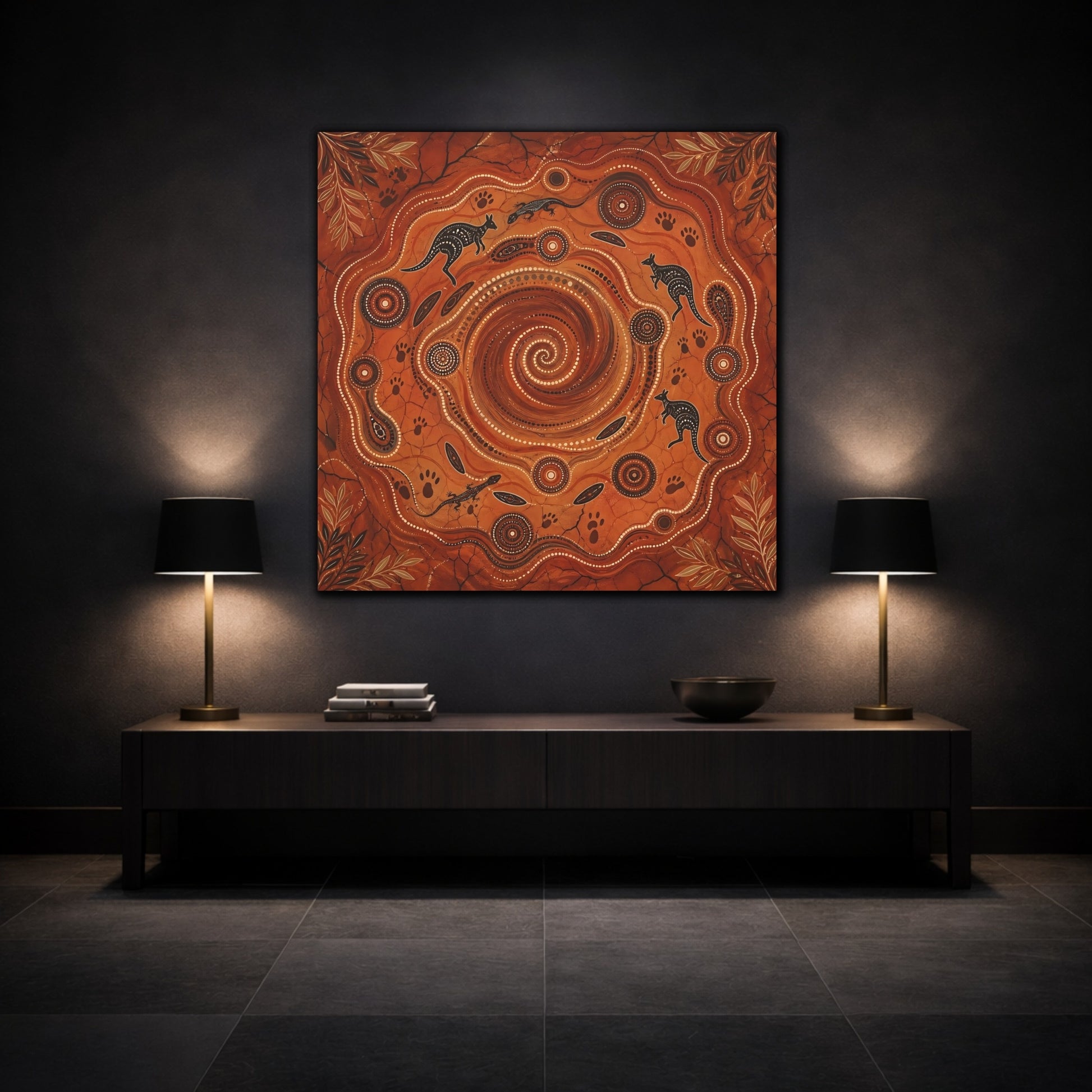 Mockup 3. Animals Kangaroos, Lizards Orange And Brown shown as canvas print