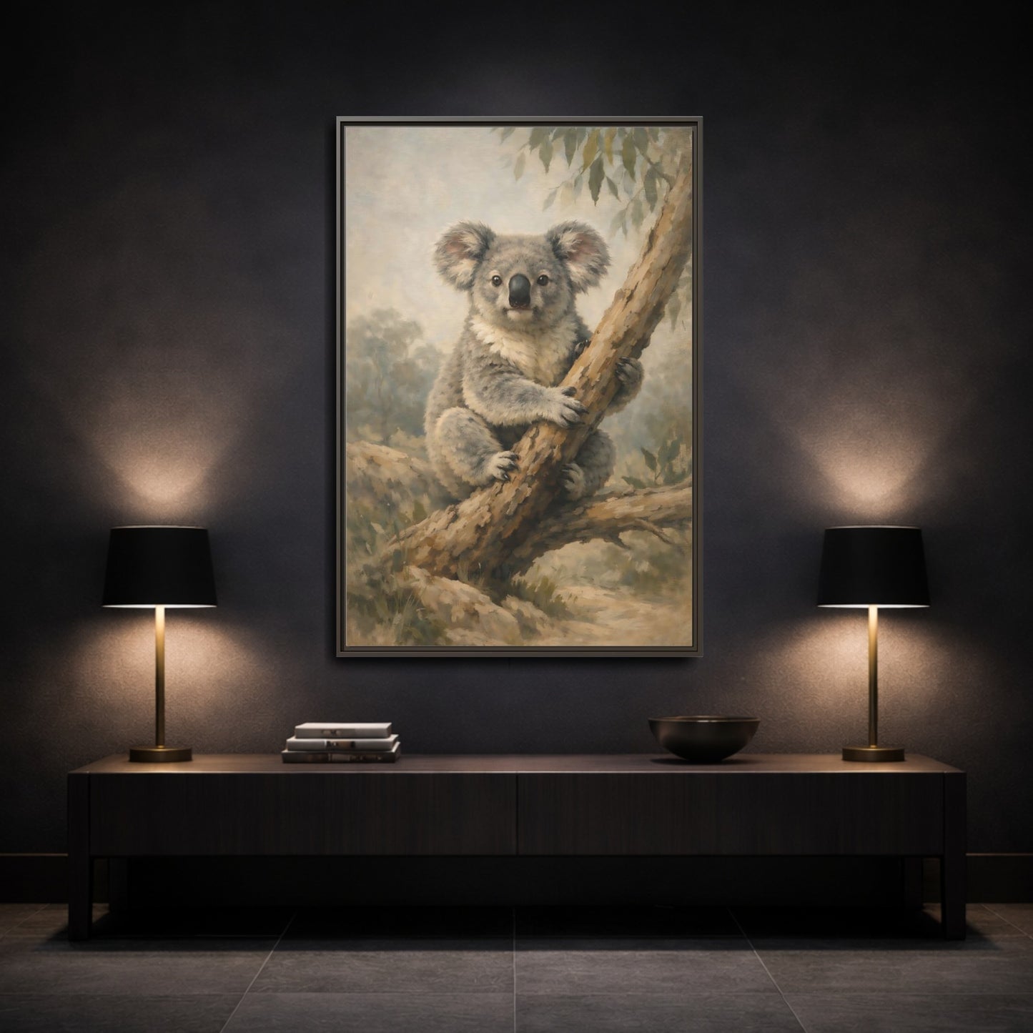 Mockup 2. Animals Koala Koala On Tree shown as stretched canvas wall art