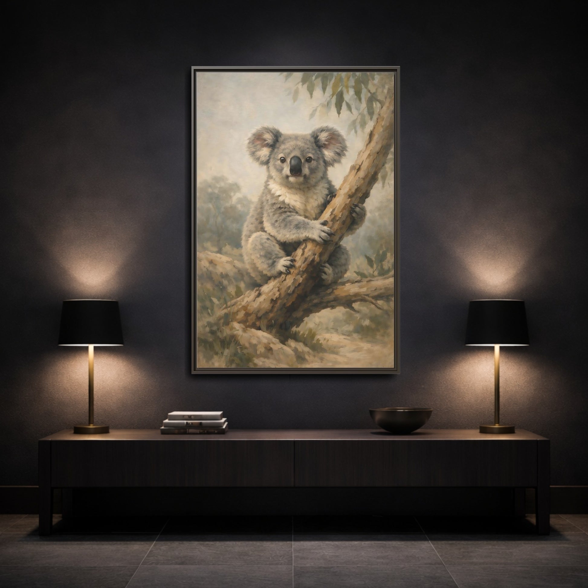 Mockup 2. Animals Koala Koala On Tree shown as stretched canvas wall art