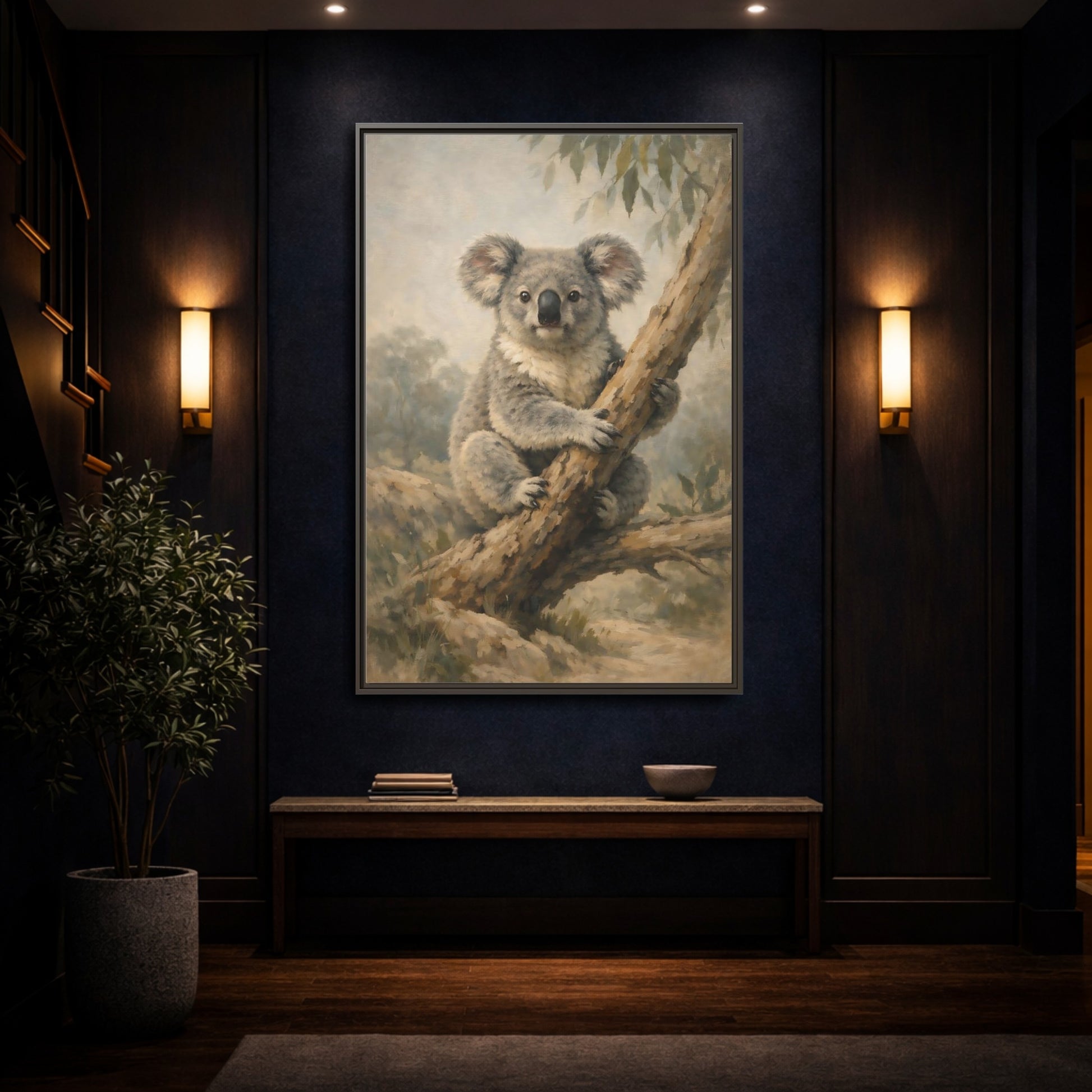 Mockup 3. Animals Koala Koala On Tree shown as stretched canvas wall art