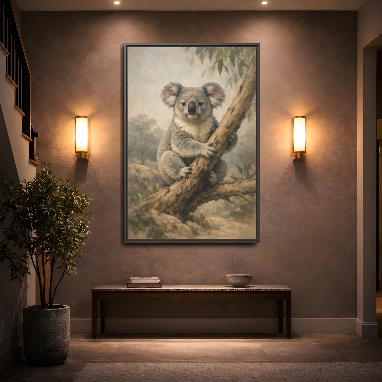 Mockup 4. Animals Koala Koala On Tree shown as stretched canvas wall art