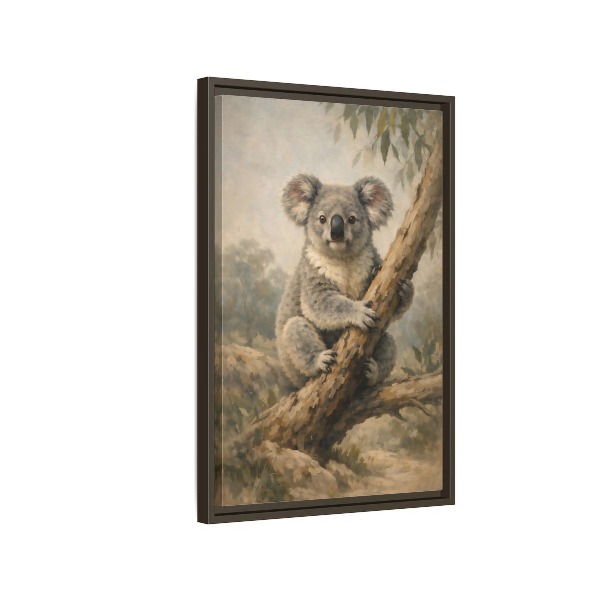 Side Mockup 2. Animals Koala Koala On Tree shown as stretched canvas wall art