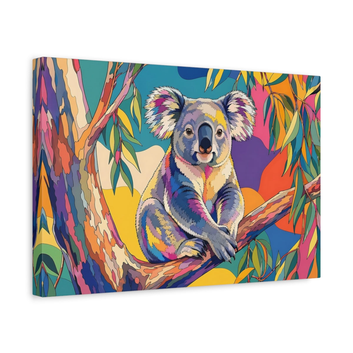 Side Mockup 4. Animals Koala Rainbow Koala shown as stretched canvas wall art