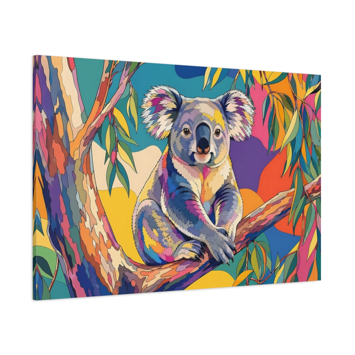 Side Mockup 1. Animals Koala Rainbow Koala shown as stretched canvas wall art