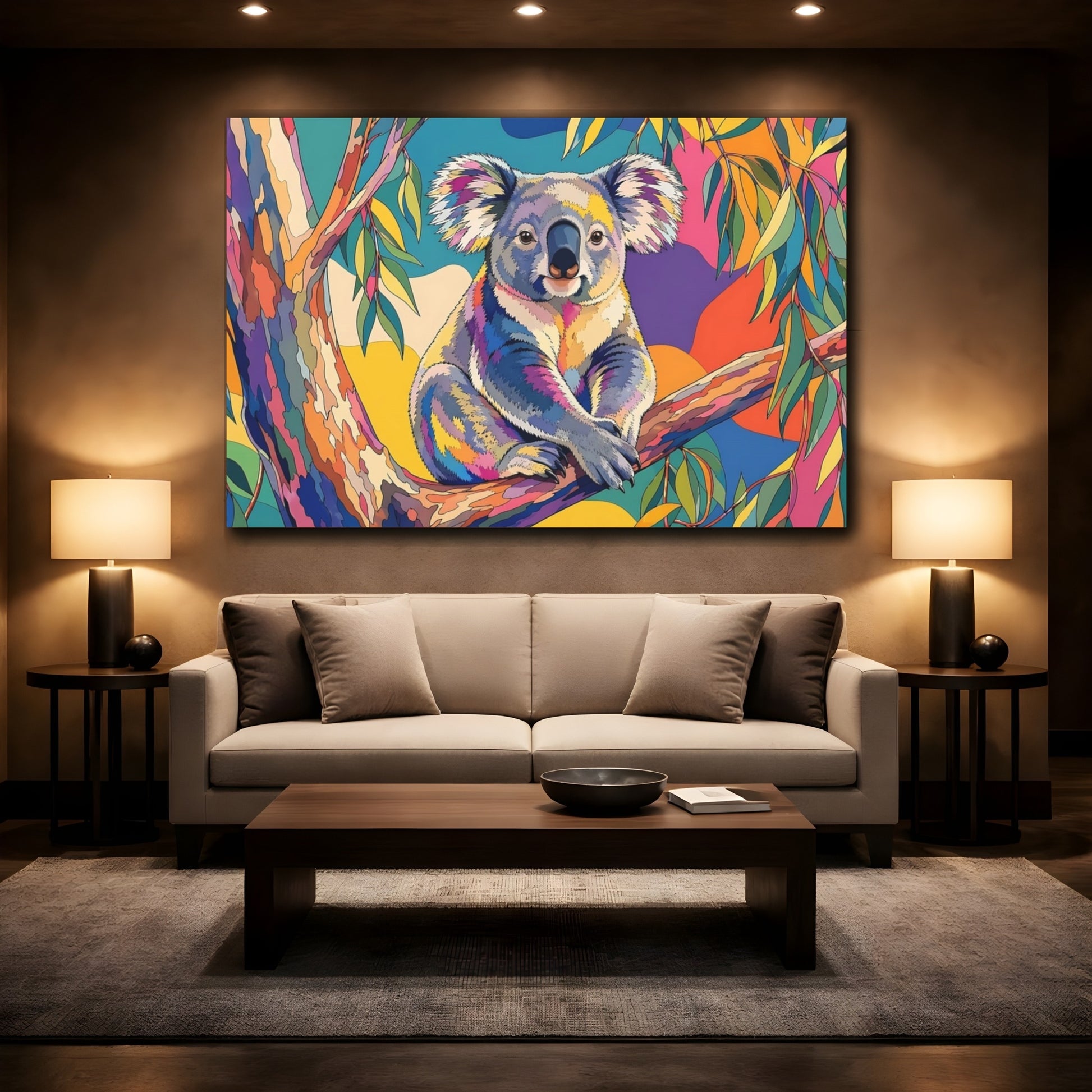 Mockup 2. Animals Koala Rainbow Koala shown as stretched canvas wall art