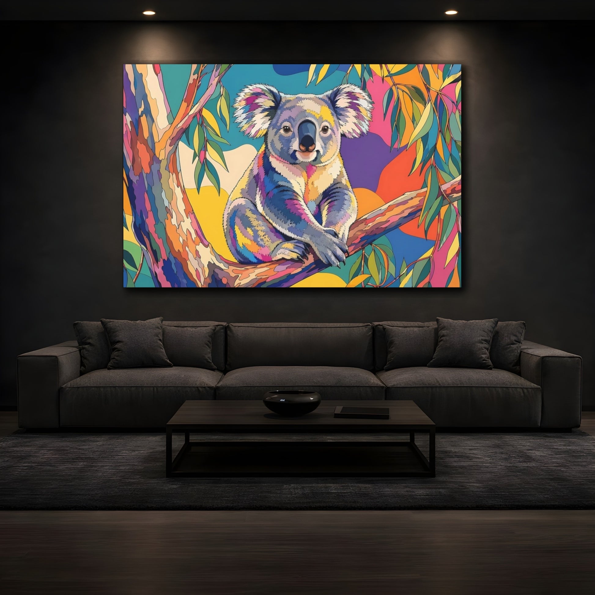 Mockup 4. Animals Koala Rainbow Koala shown as stretched canvas wall art