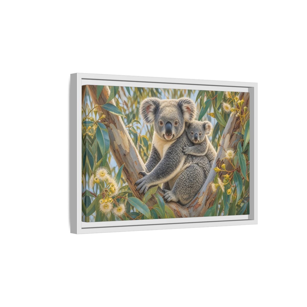 Animals Koalas Grey And Green Framed Canvas Wall Art Print – Realistic Living Room, Above Fireplace - YesArtYes