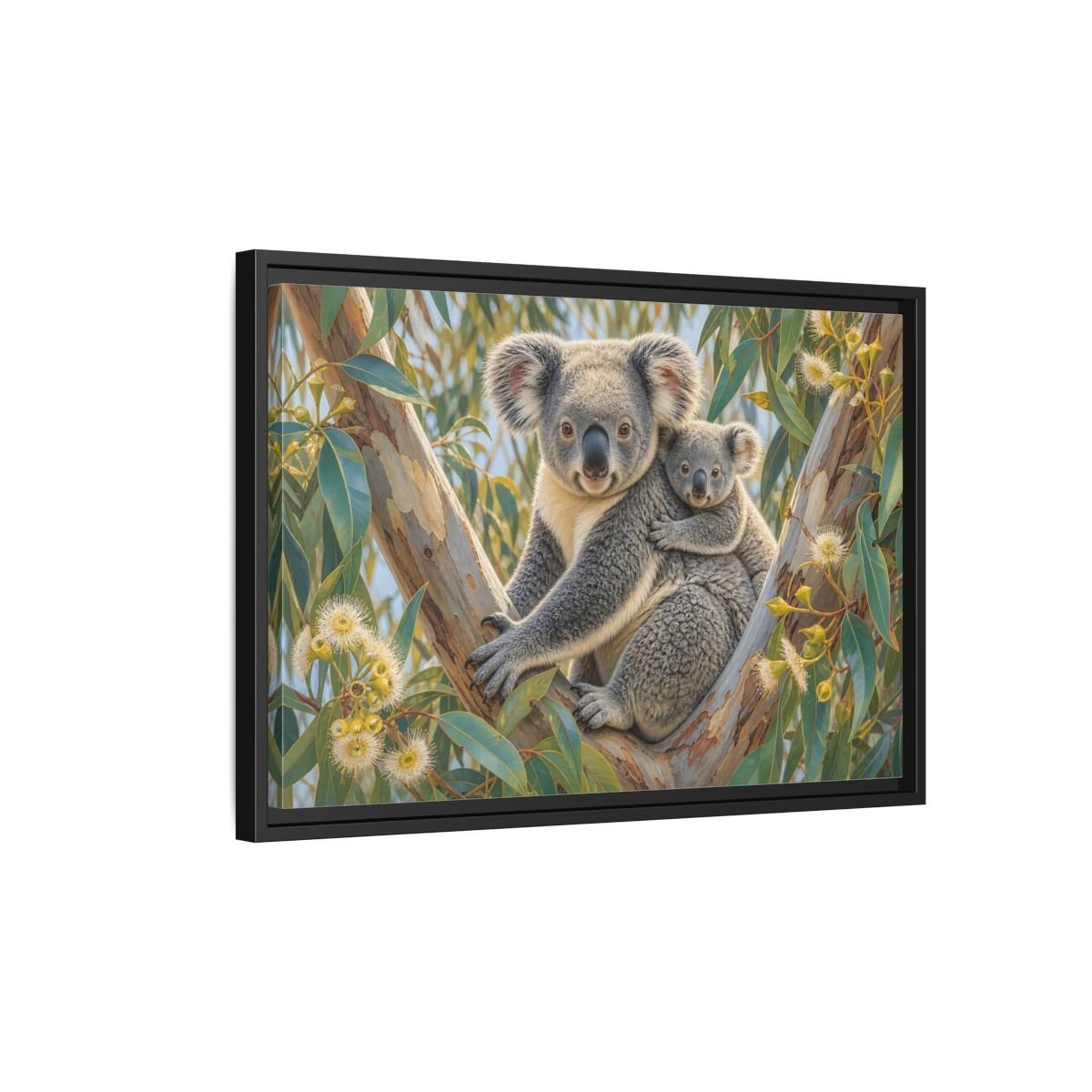 Animals Koalas Grey And Green Framed Canvas Wall Art Print – Realistic Living Room, Above Fireplace - YesArtYes