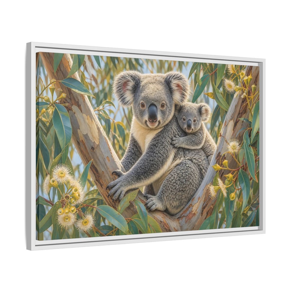 Animals Koalas Grey And Green Framed Canvas Wall Art Print – Realistic Living Room, Above Fireplace - YesArtYes