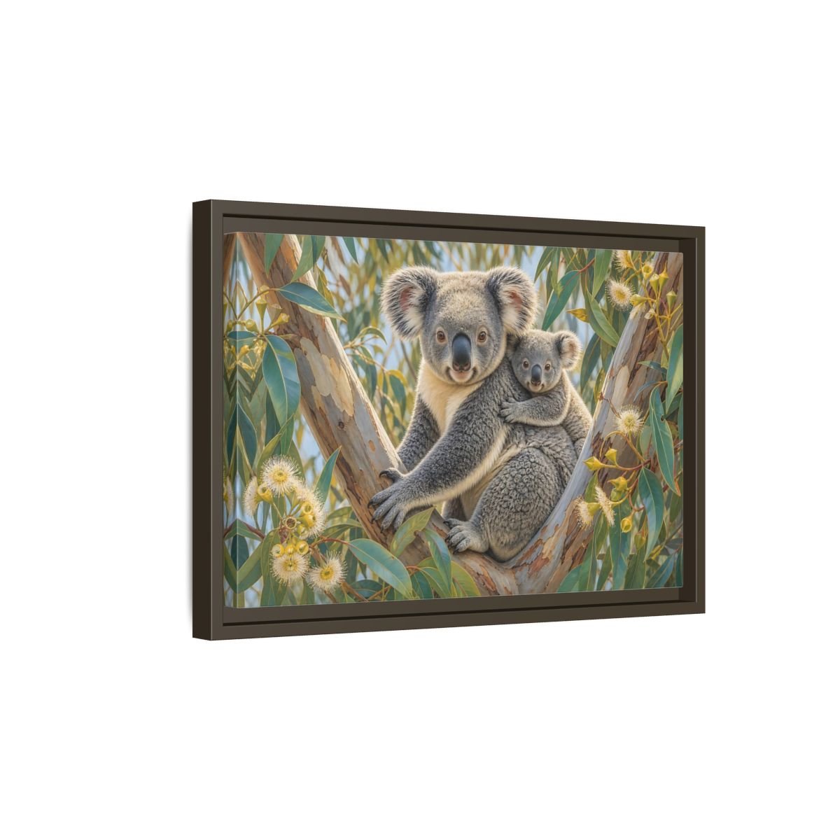 Animals Koalas Grey And Green Framed Canvas Wall Art Print – Realistic Living Room, Above Fireplace - YesArtYes