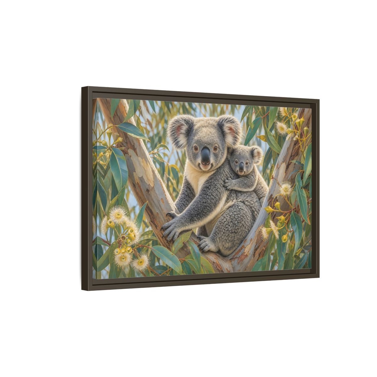 Animals Koalas Grey And Green Framed Canvas Wall Art Print – Realistic Living Room, Above Fireplace - YesArtYes