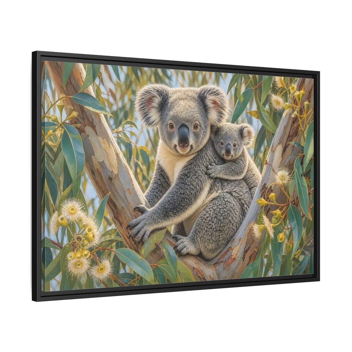 Animals Koalas Grey And Green Framed Canvas Wall Art Print – Realistic Living Room, Above Fireplace - YesArtYes