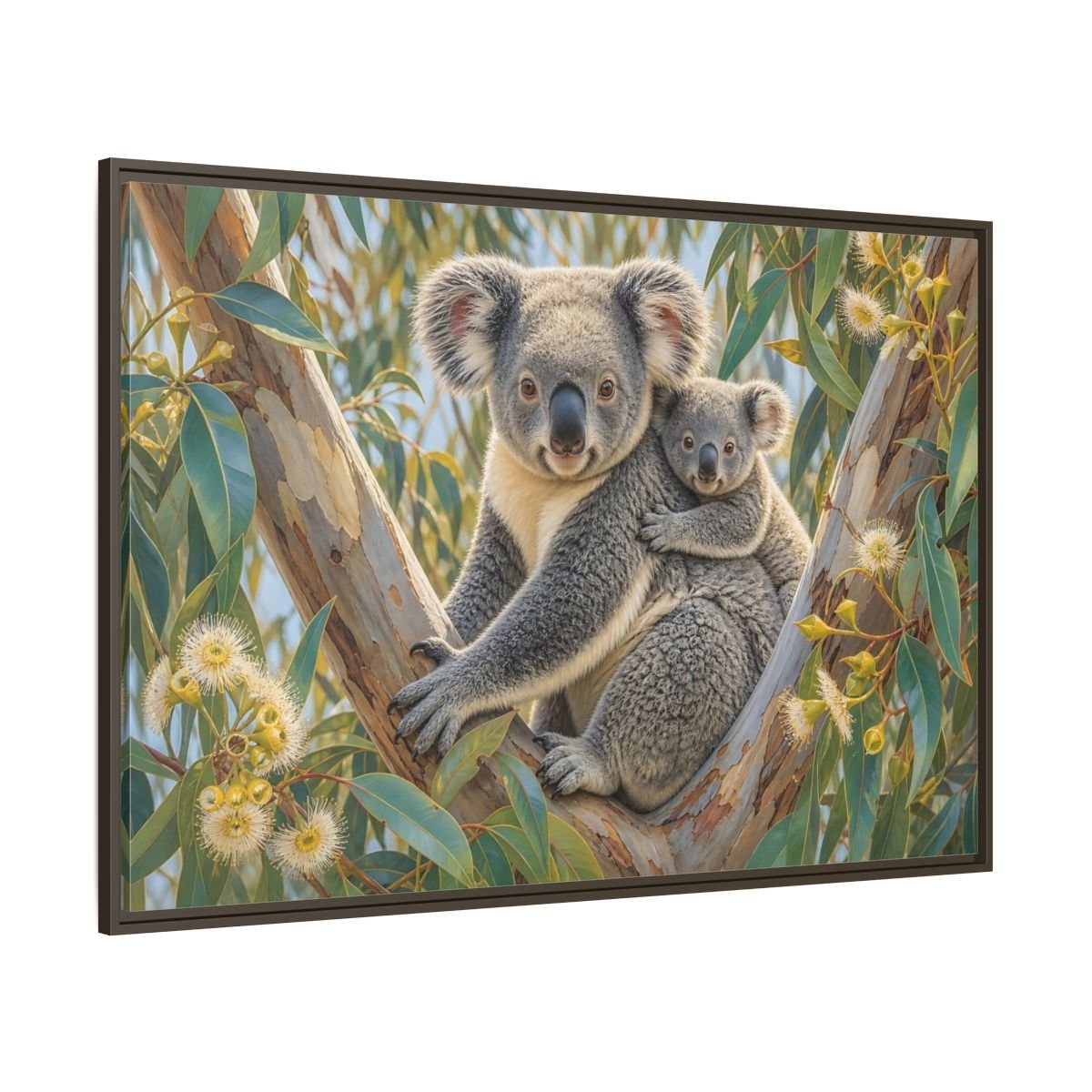 Animals Koalas Grey And Green Framed Canvas Wall Art Print – Realistic Living Room, Above Fireplace - YesArtYes