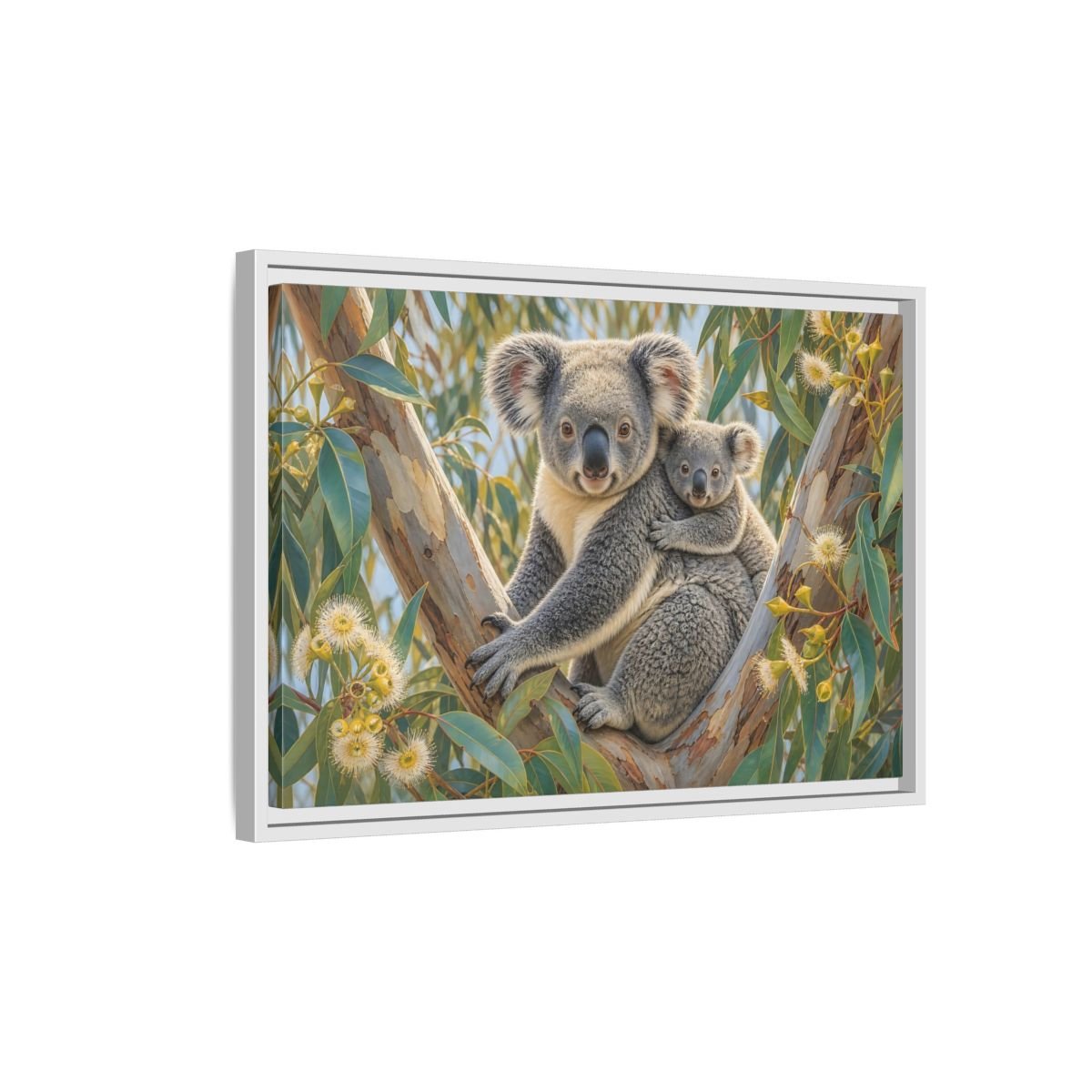Animals Koalas Grey And Green Framed Canvas Wall Art Print – Realistic Living Room, Above Fireplace - YesArtYes