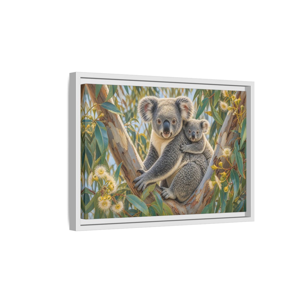 Side Mockup 4. Animals Koalas Grey And Green Koalas shown as stretched canvas wall art
