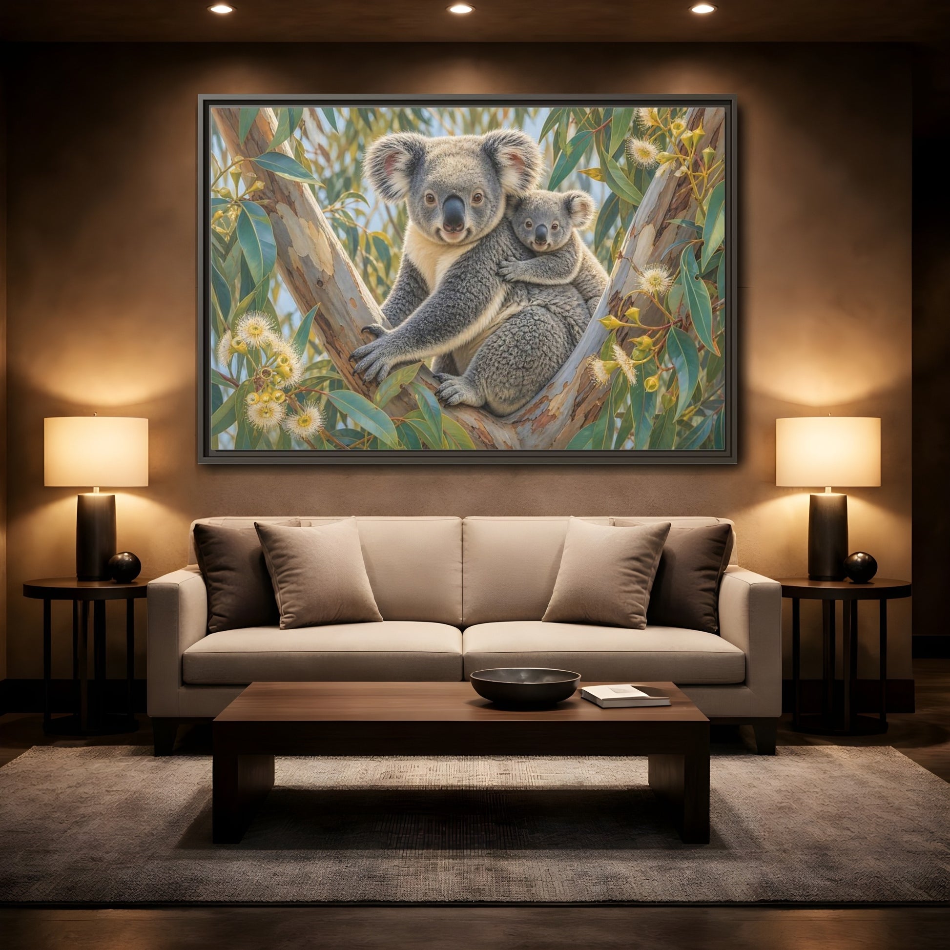 Mockup 2. Animals Koalas Grey And Green Koalas shown as stretched canvas wall art
