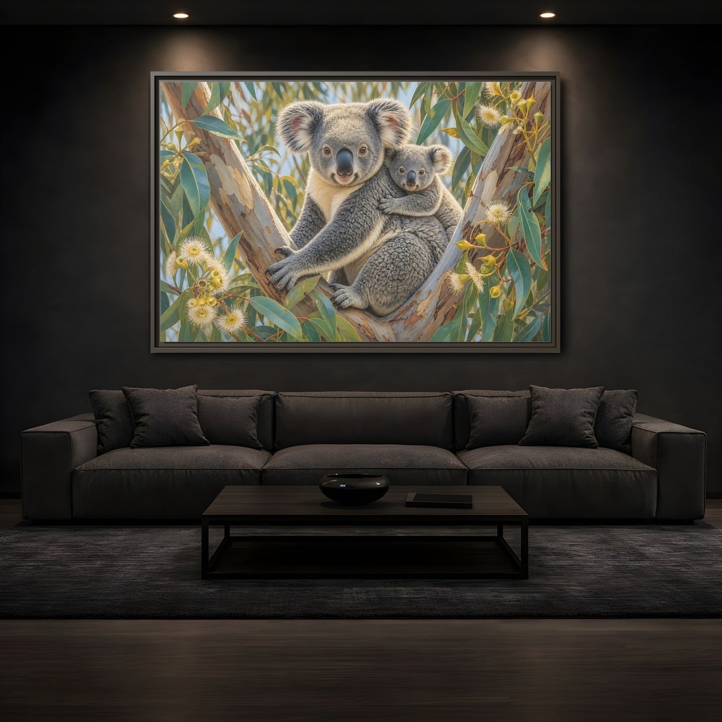 Mockup 3. Animals Koalas Grey And Green Koalas shown as stretched canvas wall art