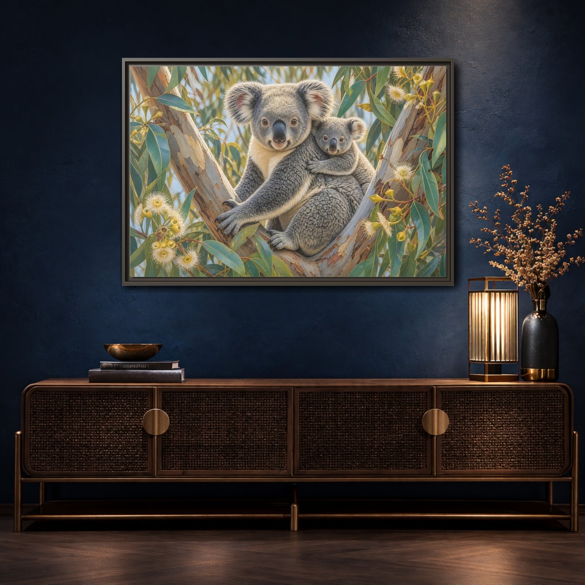 Mockup 4. Animals Koalas Grey And Green Koalas shown as stretched canvas wall art