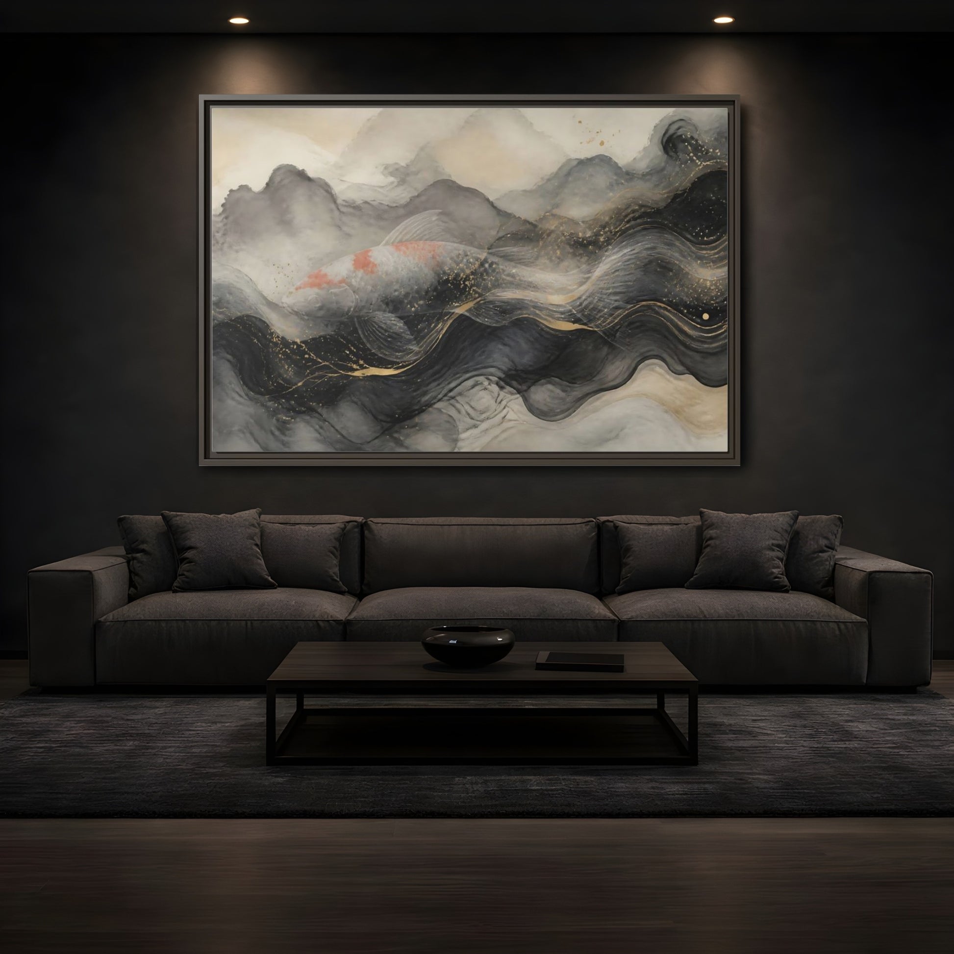 Mockup 3. Animals Koi Fish Black Gold Fish shown as framed canvas print