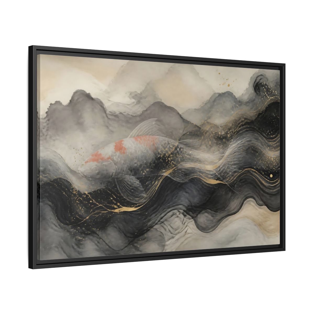 Animals Koi Fish Black Gold Framed Canvas Print – Asian art Living Room, Above Console Table - YesArtYes