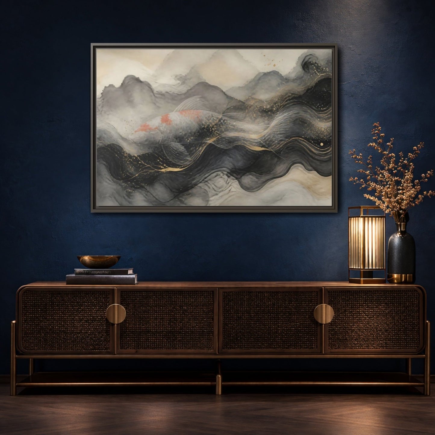 Animals Koi Fish Black Gold Framed Canvas Print – Asian art Living Room, Above Console Table - YesArtYes
