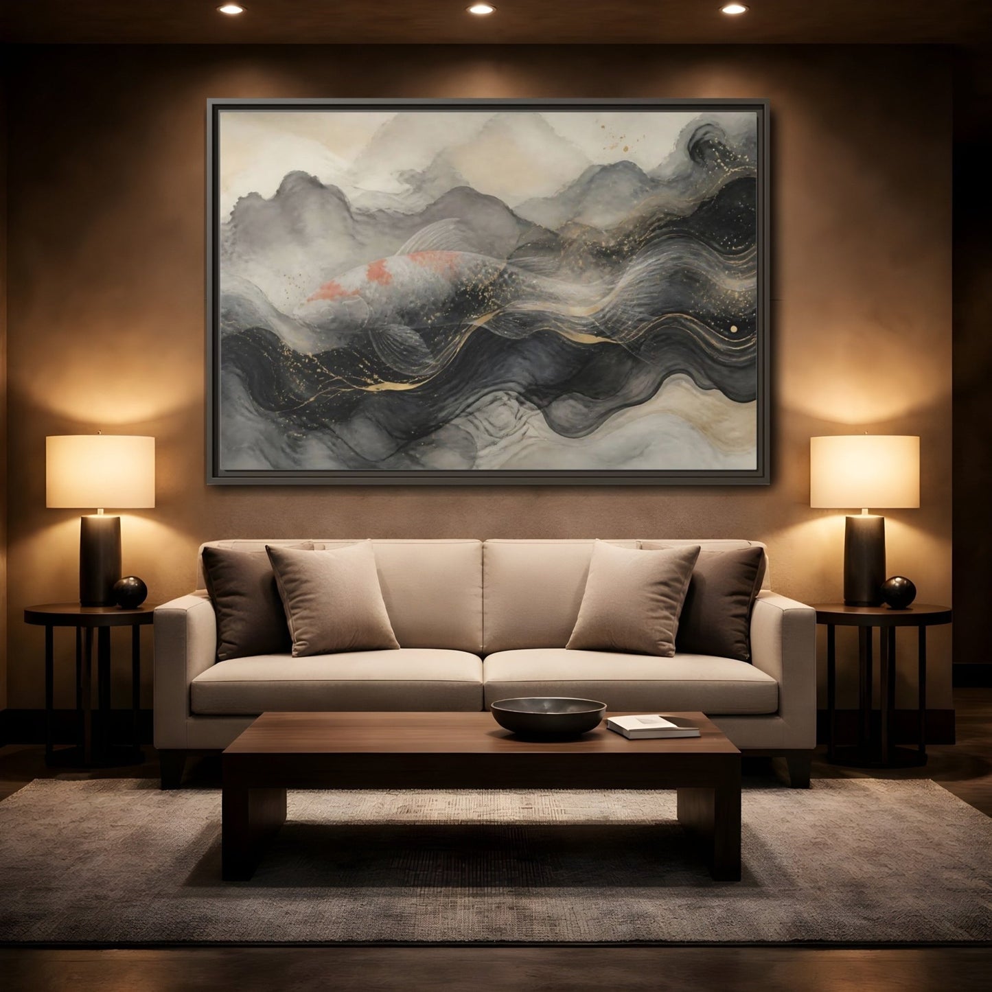 Animals Koi Fish Black Gold Framed Canvas Print – Asian art Living Room, Above Console Table - YesArtYes