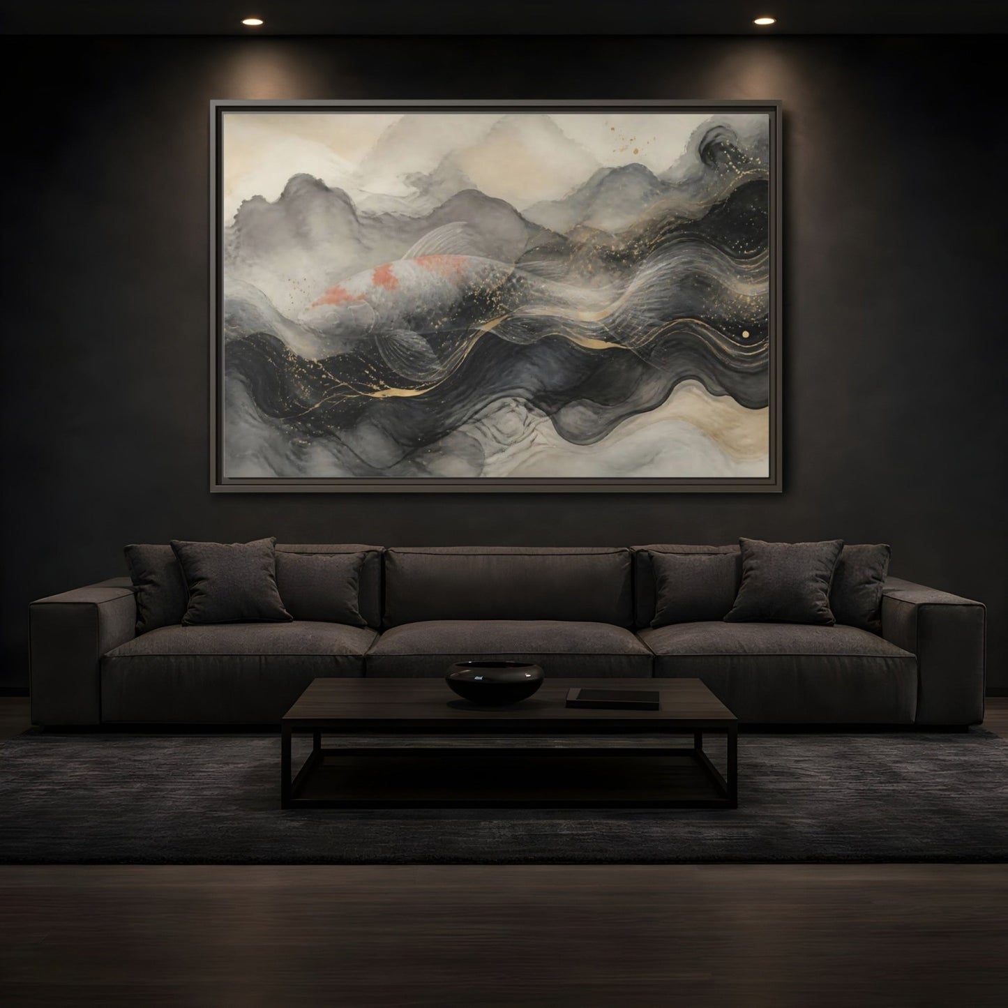 Animals Koi Fish Black Gold Framed Canvas Print – Asian art Living Room, Above Console Table - YesArtYes