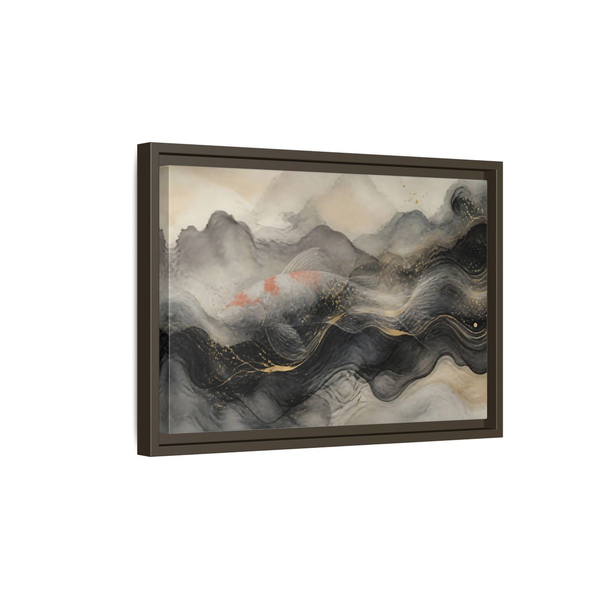 Side Mockup 5. Animals Koi Fish Black Gold Fish shown as framed canvas print
