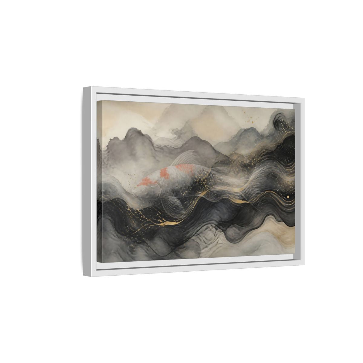 Side Mockup 4. Animals Koi Fish Black Gold Fish shown as framed canvas print