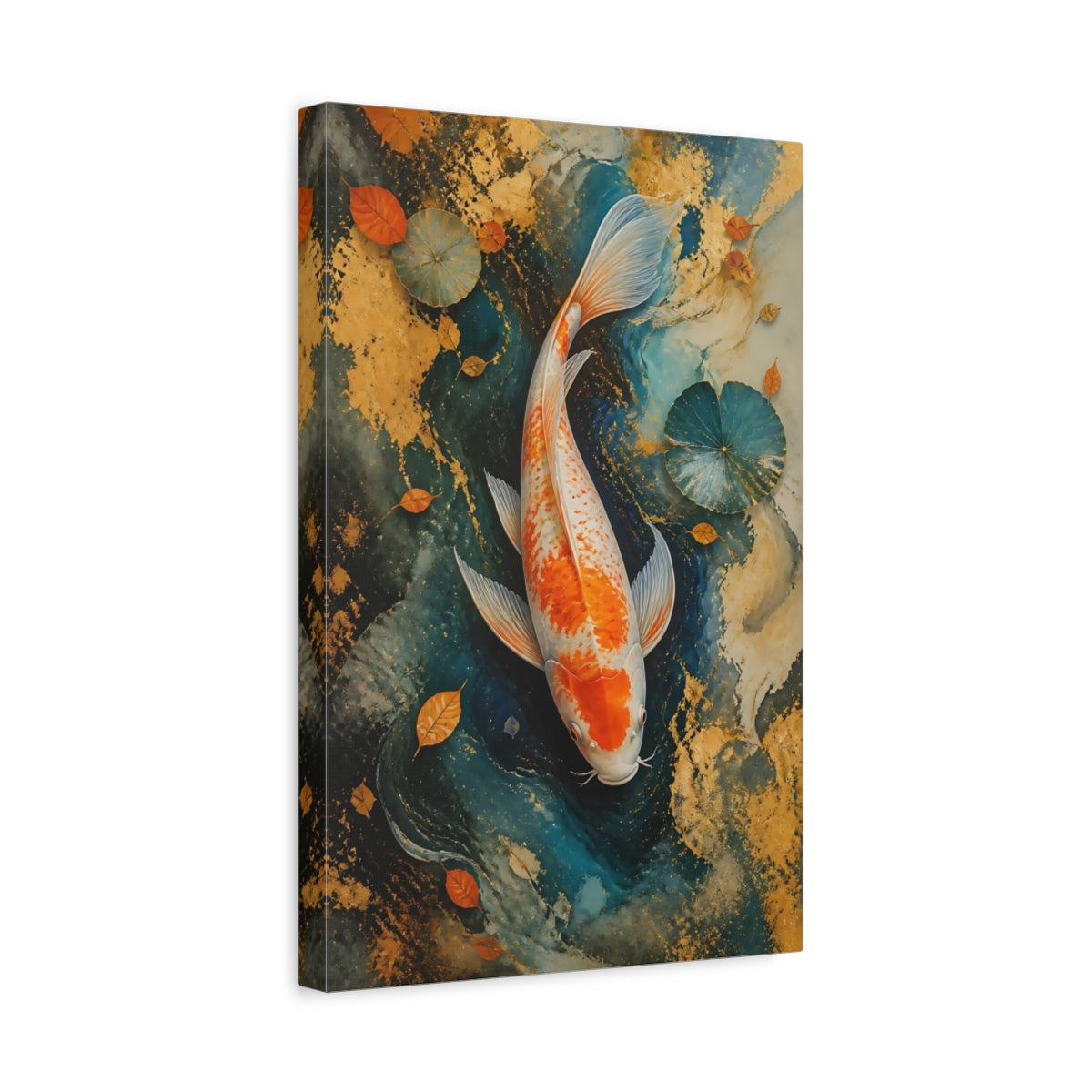 Side Mockup 4. Animals Koi Fish Gold And Blue Koi shown as stretched canvas wall art