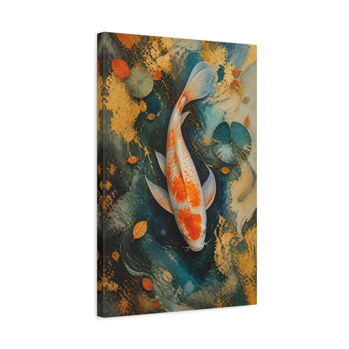 Side Mockup 3. Animals Koi Fish Gold And Blue Koi shown as stretched canvas wall art