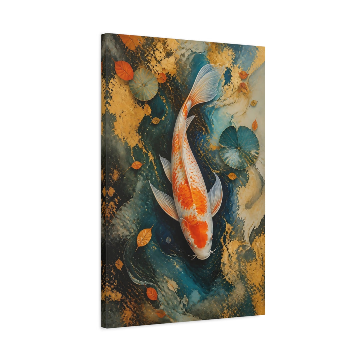 Side Mockup 2. Animals Koi Fish Gold And Blue Koi shown as stretched canvas wall art
