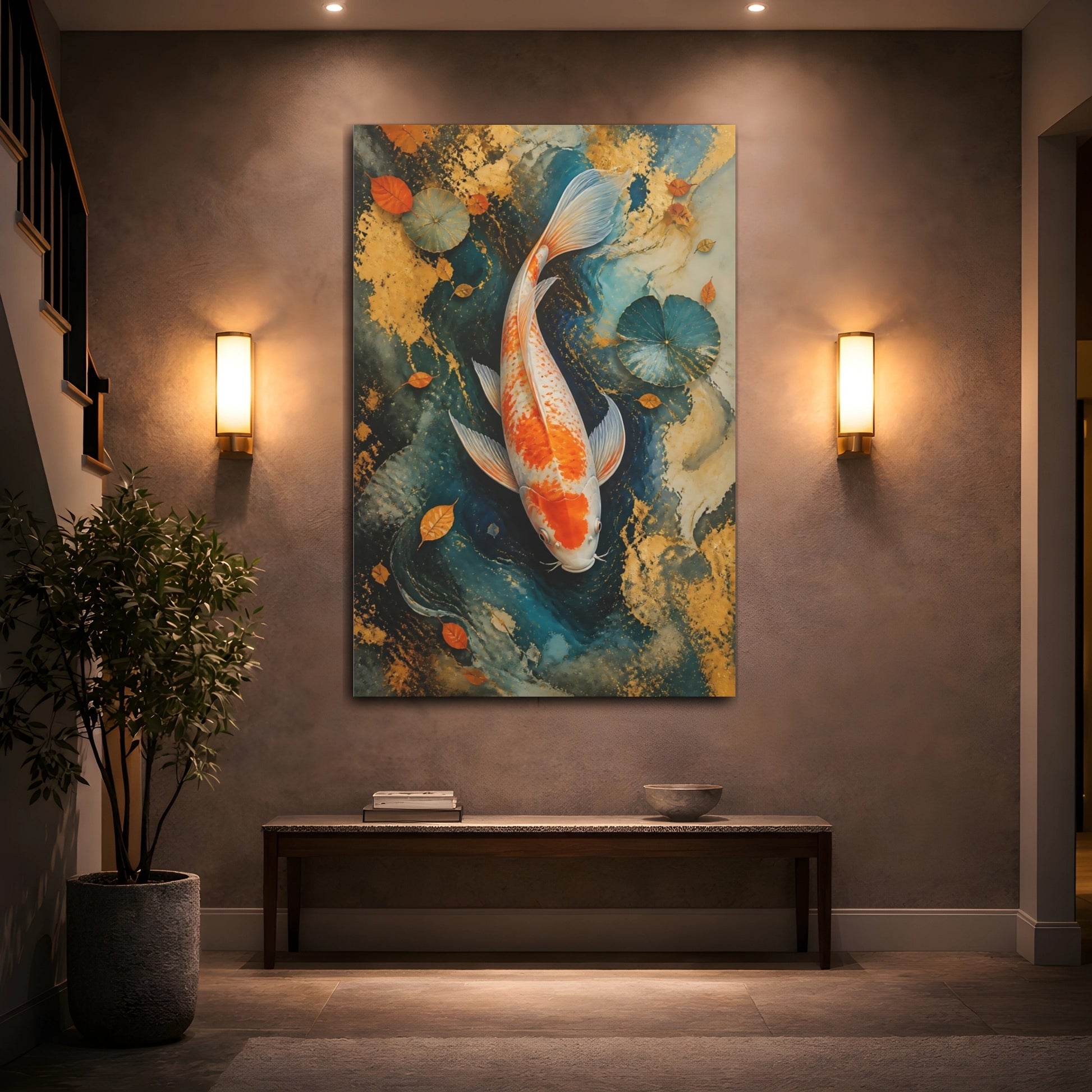 Mockup 2. Animals Koi Fish Gold And Blue Koi shown as stretched canvas wall art