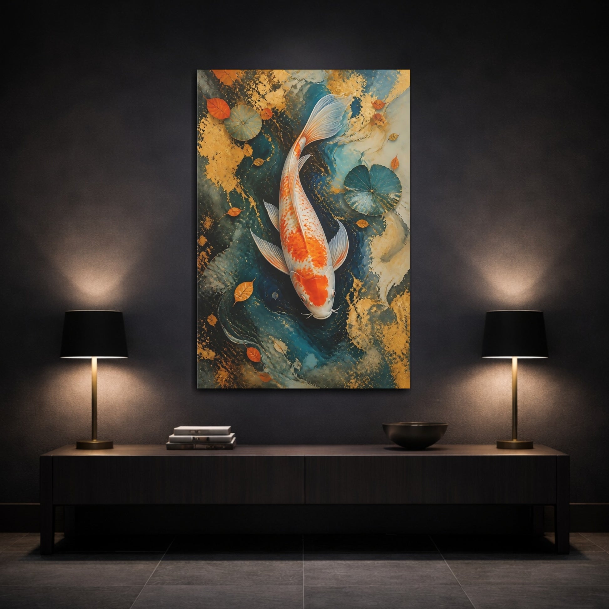 Mockup 3. Animals Koi Fish Gold And Blue Koi shown as stretched canvas wall art