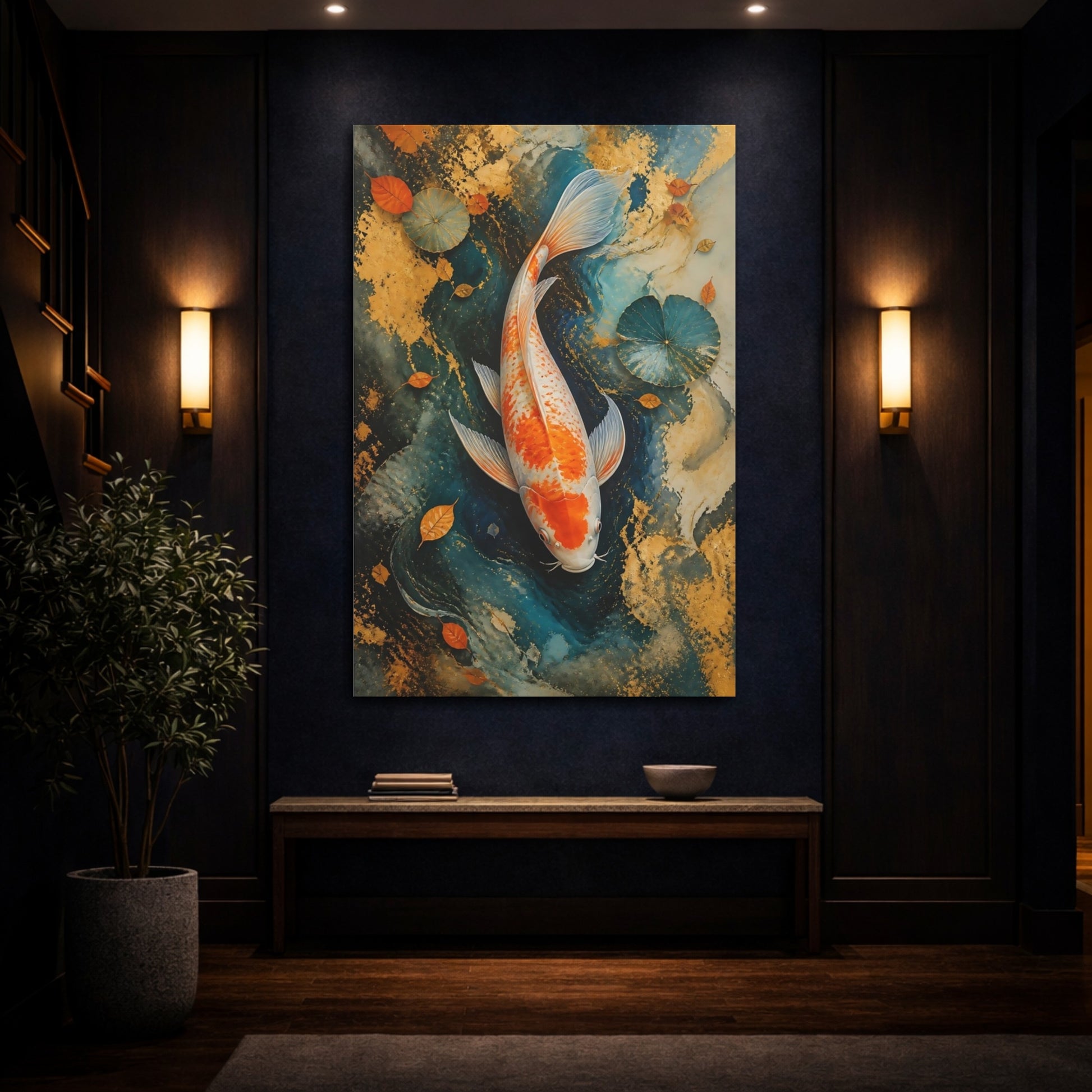 Mockup 4. Animals Koi Fish Gold And Blue Koi shown as stretched canvas wall art