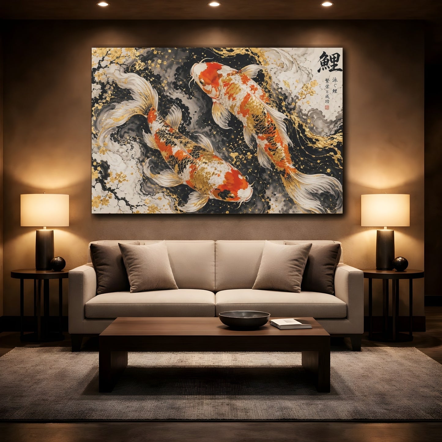 Mockup 2. Animals Koi Fish Gold Koi Fish shown as stretched canvas wall art