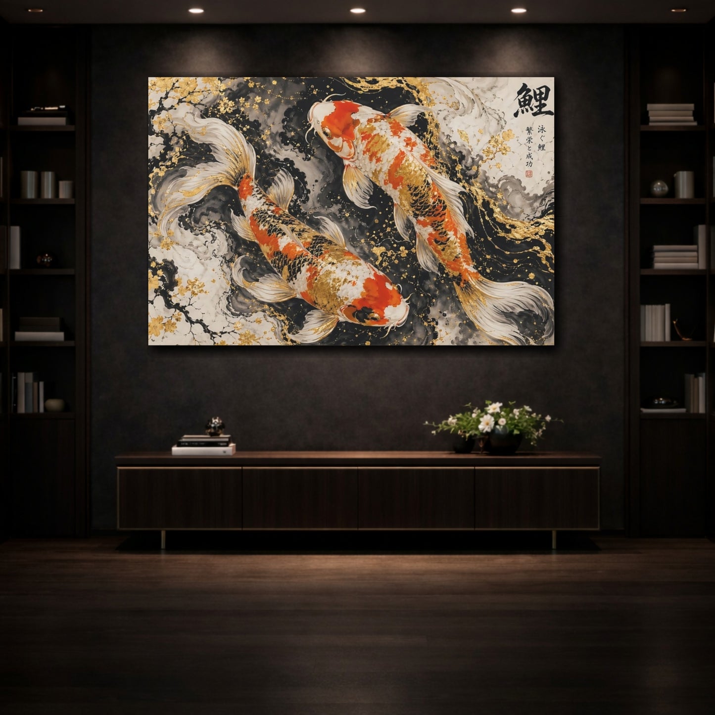 Mockup 3. Animals Koi Fish Gold Koi Fish shown as stretched canvas wall art