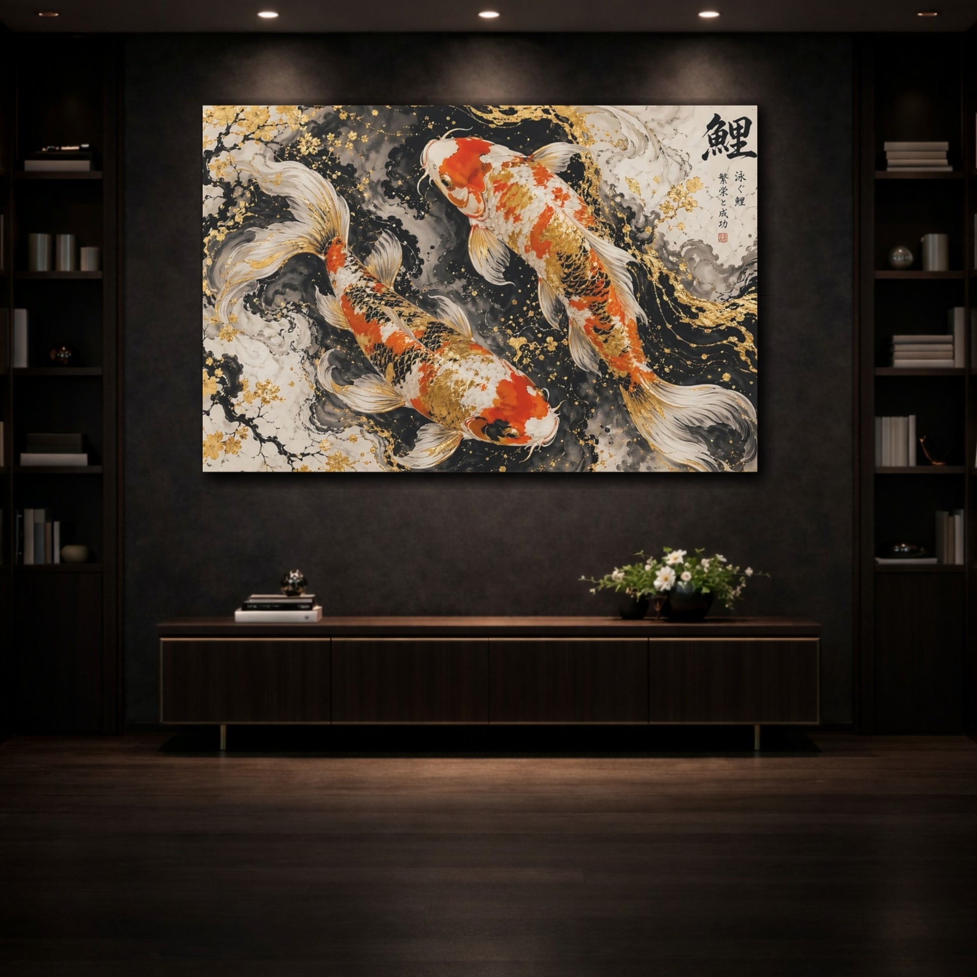 Mockup 3. Animals Koi Fish Gold Koi Fish shown as stretched canvas wall art