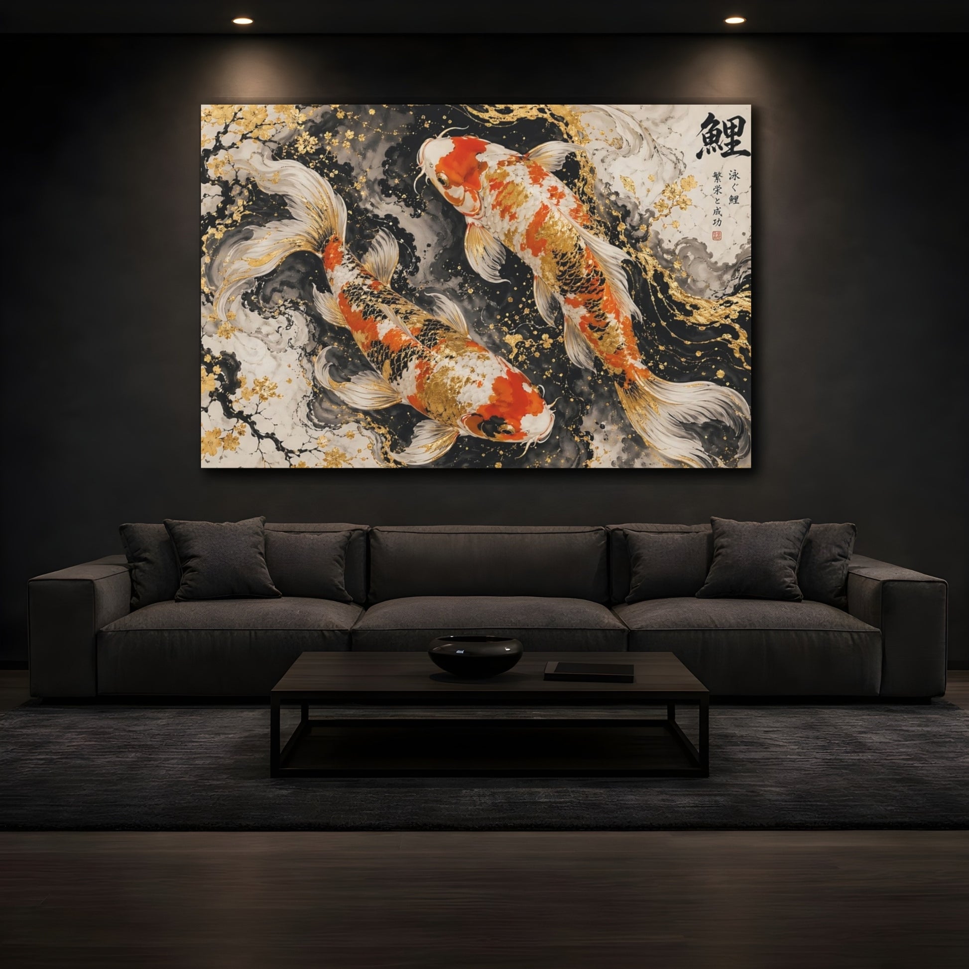 Mockup 4. Animals Koi Fish Gold Koi Fish shown as stretched canvas wall art