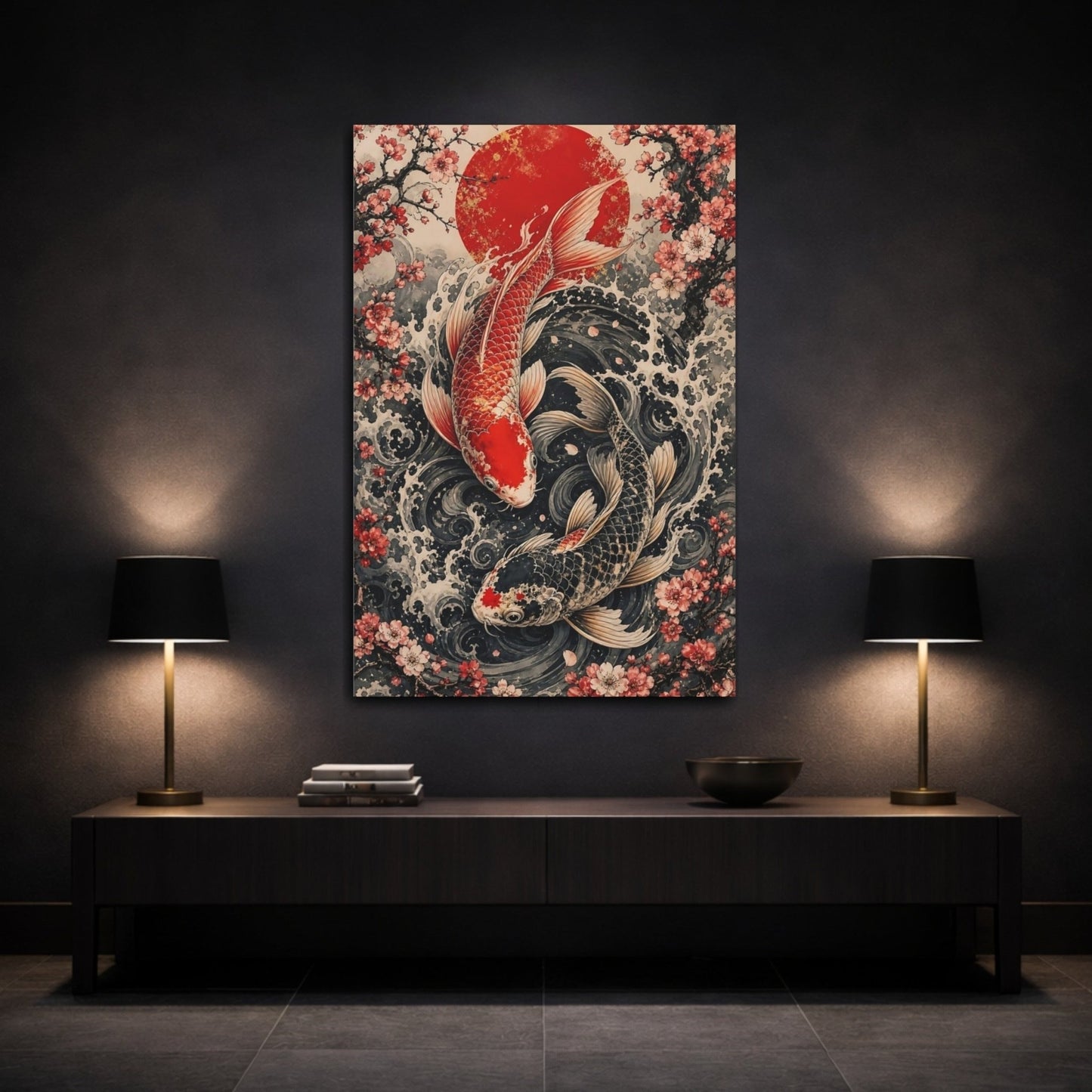 Animals Koi Fish Red And Black Canvas Wall Art Print – Living Room Decor, Above Fireplace - YesArtYes