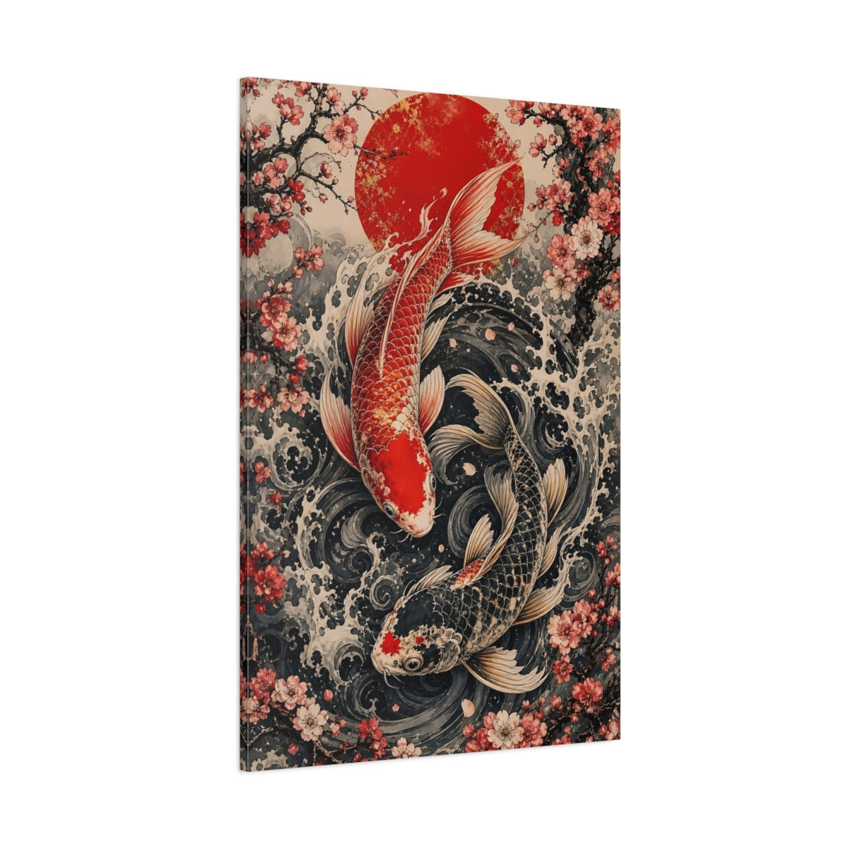 Side Mockup 1. Animals Koi Fish Red And Black Koi shown as stretched canvas wall art