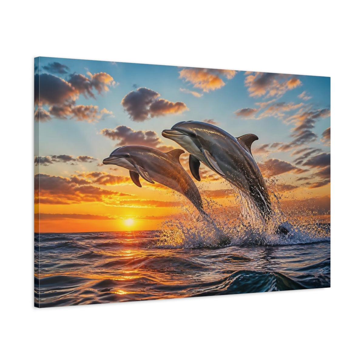 Main Mockup. Animals Leaping Dolphin Duo shown as canvas print