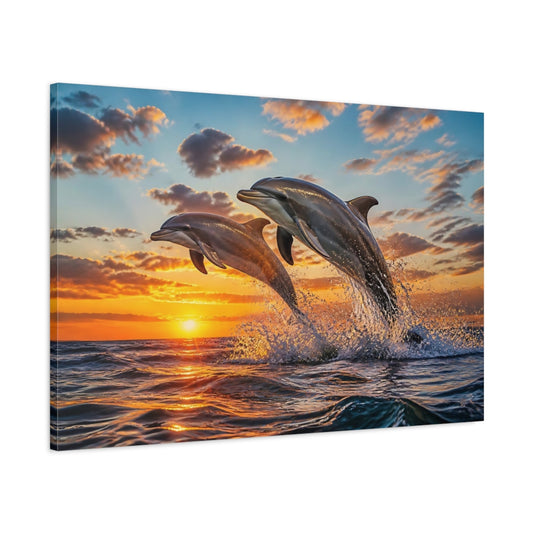 Main Mockup. Animals Leaping Dolphin Duo shown as canvas print
