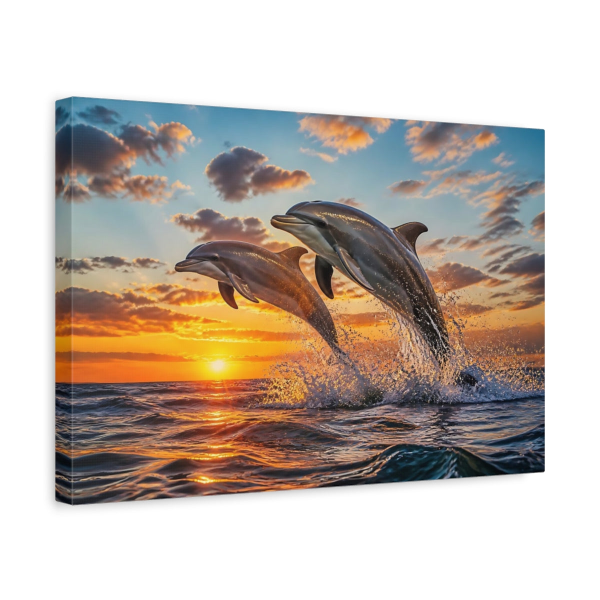 Side Mockup 4. Animals Leaping Dolphin Duo shown as canvas print