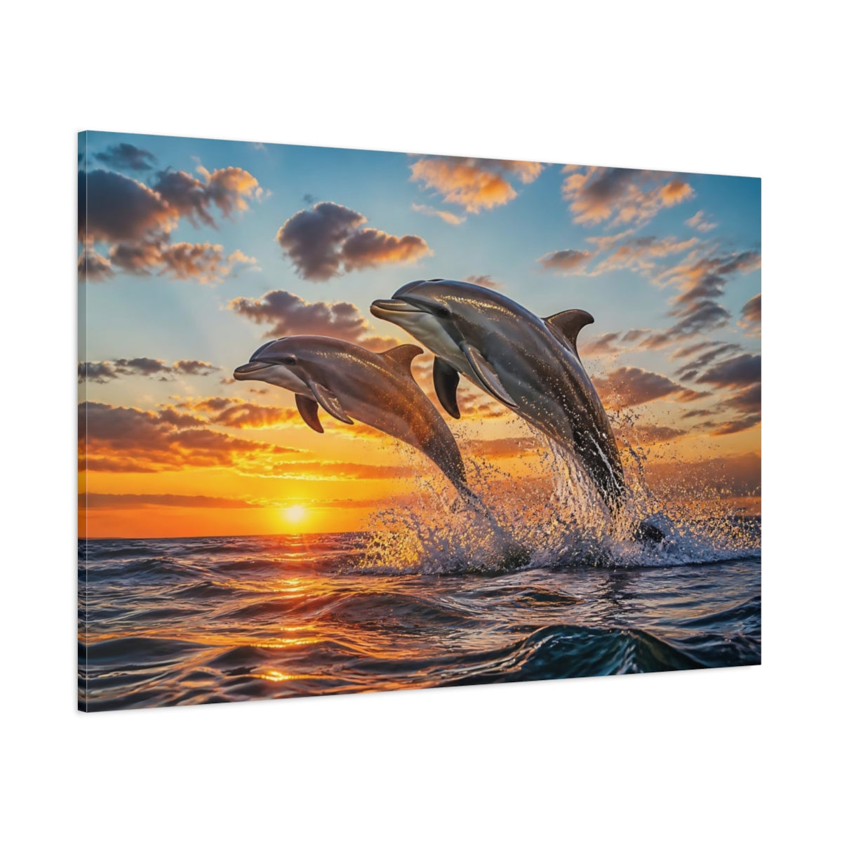 Side Mockup 1. Animals Leaping Dolphin Duo shown as canvas print