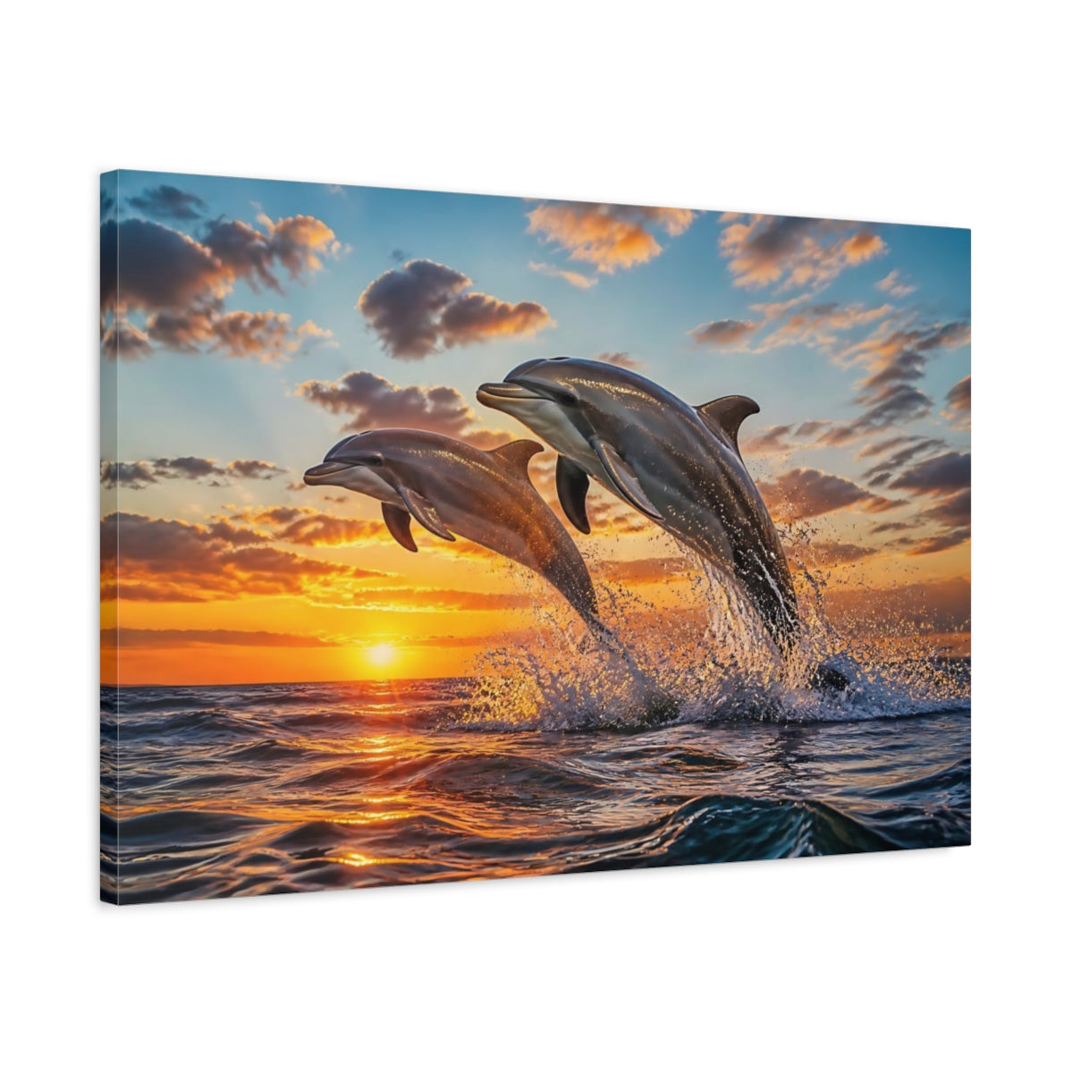 Side Mockup 2. Animals Leaping Dolphin Duo shown as canvas print