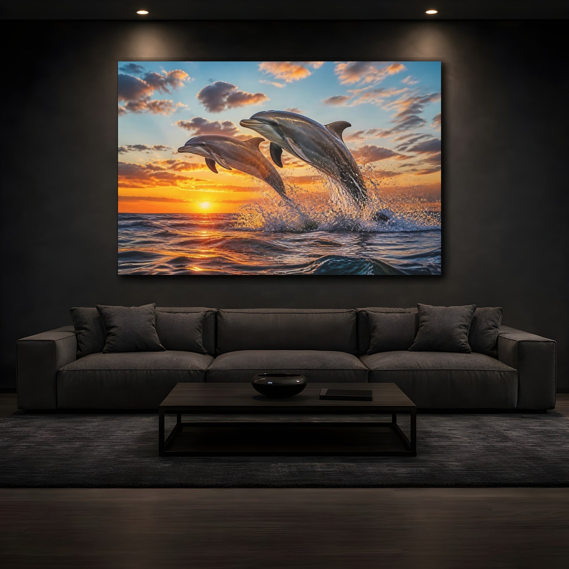 Mockup 3. Animals Leaping Dolphin Duo shown as canvas print