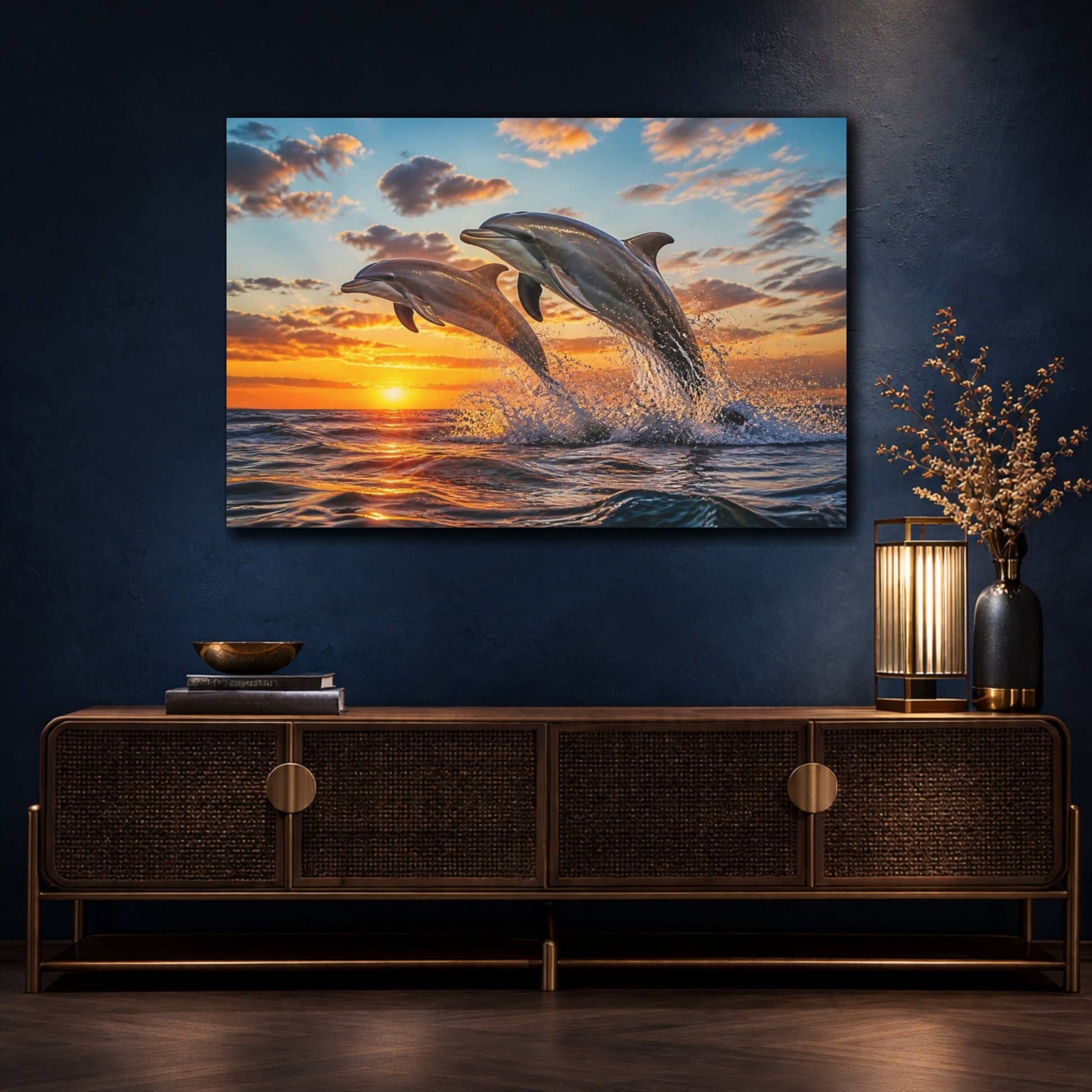 Mockup 4. Animals Leaping Dolphin Duo shown as canvas print